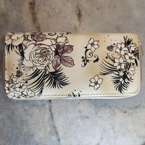 Floral Women Long Wallet Clutch Double Zip Wristlet Beige White Brown Flowers